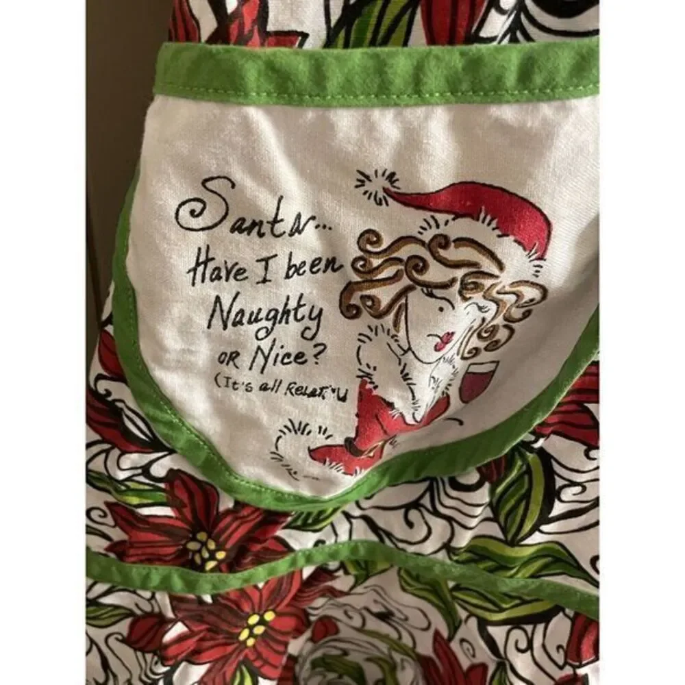 Christmas Apron Poinsettias Funny Naughty Or Nice‎ One Size